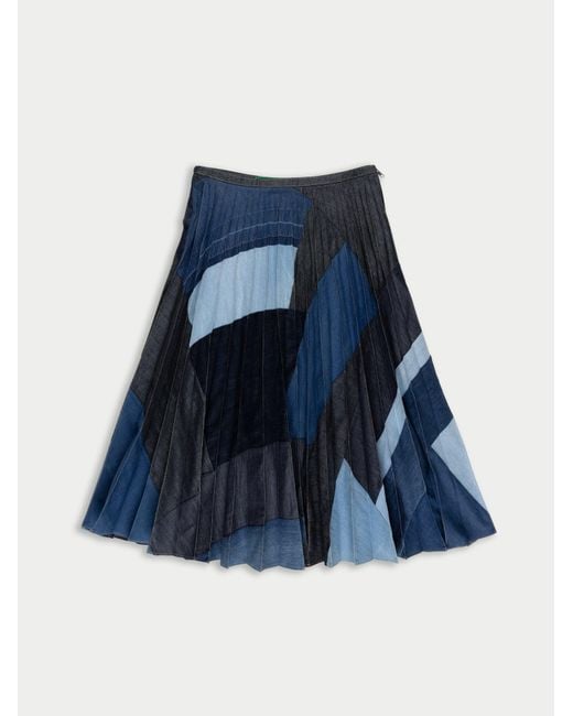 La Fetiche Blue Cecile Denim Patchwork Sunray Pleated Kilt