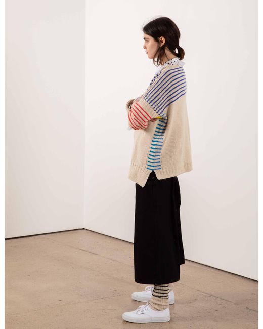 La Fetiche Blue Colette Hand-Knitted Cotton Cashmere "Breton" Style Sweater With Contrast Striped Sleeves And Yoke