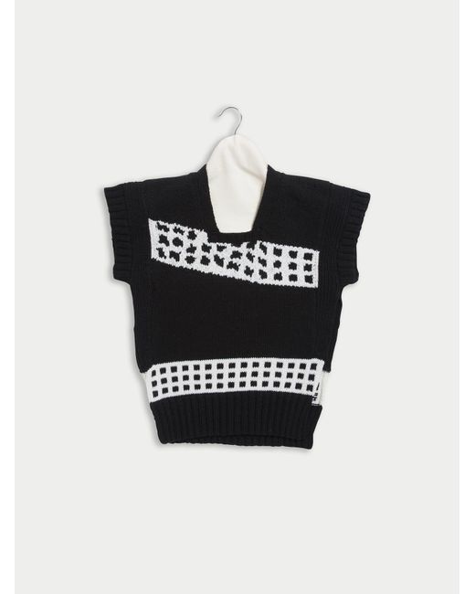 La Fetiche Black Ziggy Handknitted Tank Top With Placed “Mistake” Fairisle Design, Open