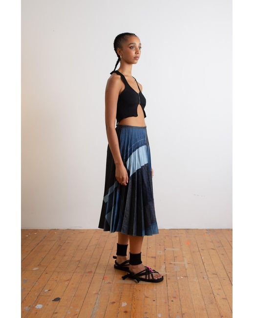 La Fetiche Blue Cecile Denim Patchwork Sunray Pleated Kilt