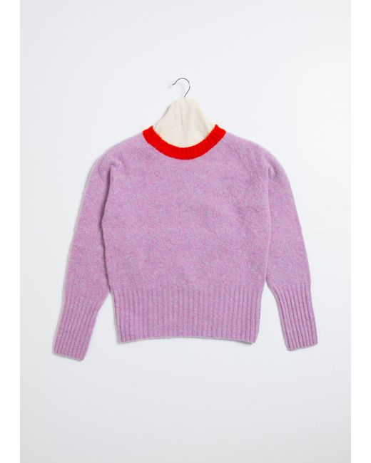 Women's Pink Viva Traditional Brushed Crew Neck Seamfree Jumper With Bright Contrast Neck Trim