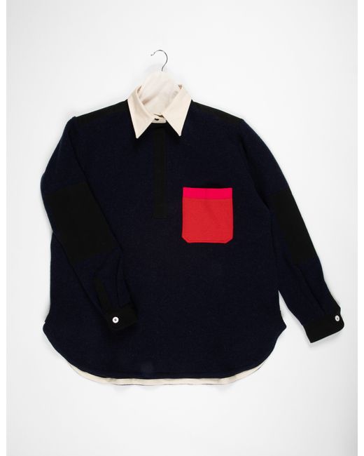 Women's Blue Truman Oversized Rugby Shirt Made With Felted Lambswool And Cotton Canvas Collar And Cuffs