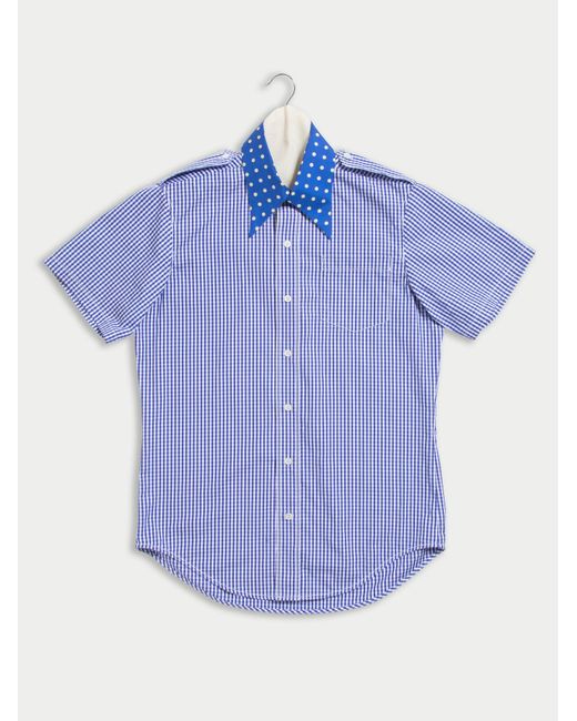 La Fetiche Blue Edith Gingham Military Shirt With Spotted Silk Twill Collar