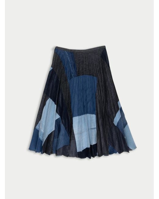 La Fetiche Blue Cecile Denim Patchwork Sunray Pleated Kilt