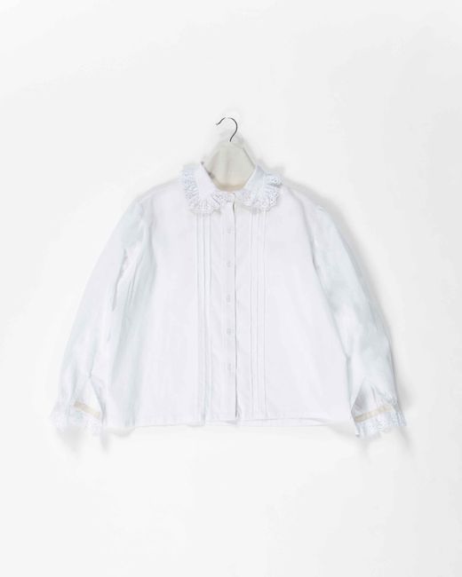 La Fetiche White Jane Light Cotton Twill Blouse With French Broderie Anglaise Collar And Cuff, Front Pintuck Details