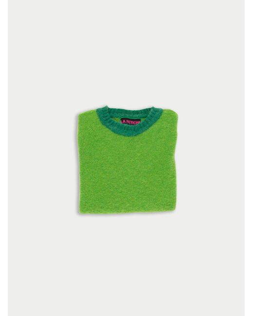 La Fetiche Green Viva Traditional Brushed Crew Neck Seamfree Sweater With Bright Contrast Neck Trim