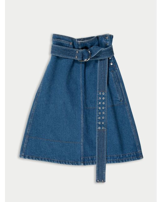 La Fetiche Blue Bonnie Washed Denim Skirt With Utility Belt And Ochre Topstitching