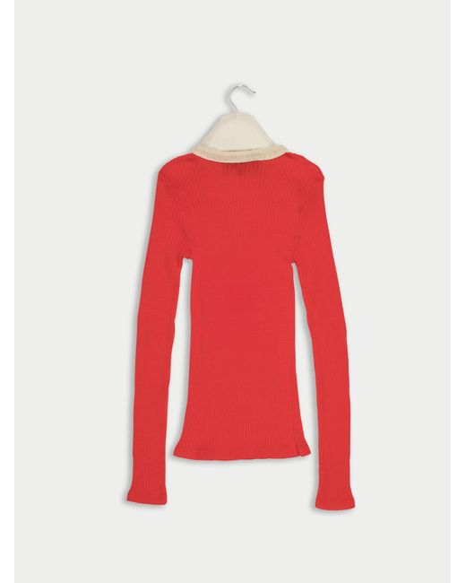 La Fetiche Red Jackie Fine Weight Ribbed Cotton Fil D'Écosse Sailor Top With Contrast Collar Neckline