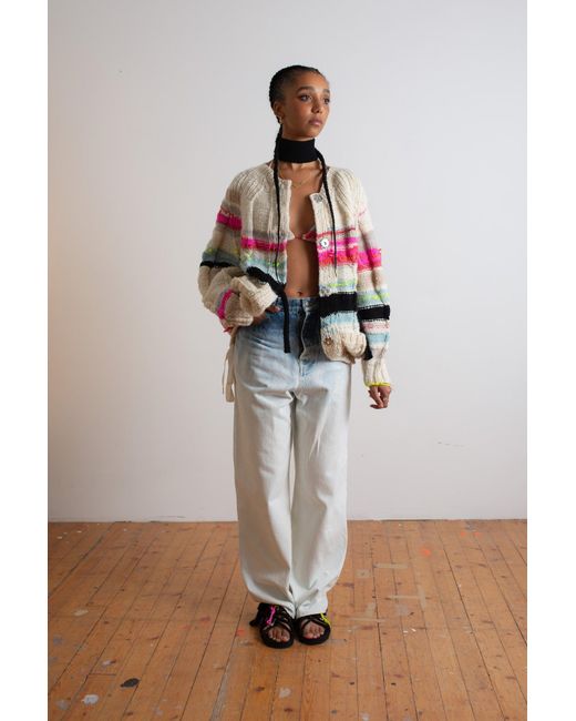 La Fetiche Pink Ultraviolet Handknitted Striped Cable Cardigan