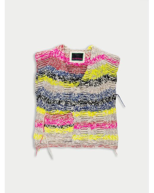 La Fetiche Gray Lila Handknitted Mixed Yarn Striped Vest