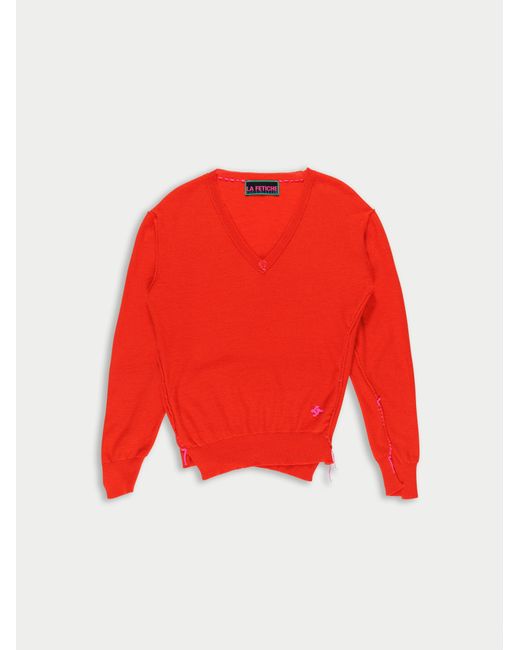 La Fetiche Red Robbie Irregular V-Neck Sweater
