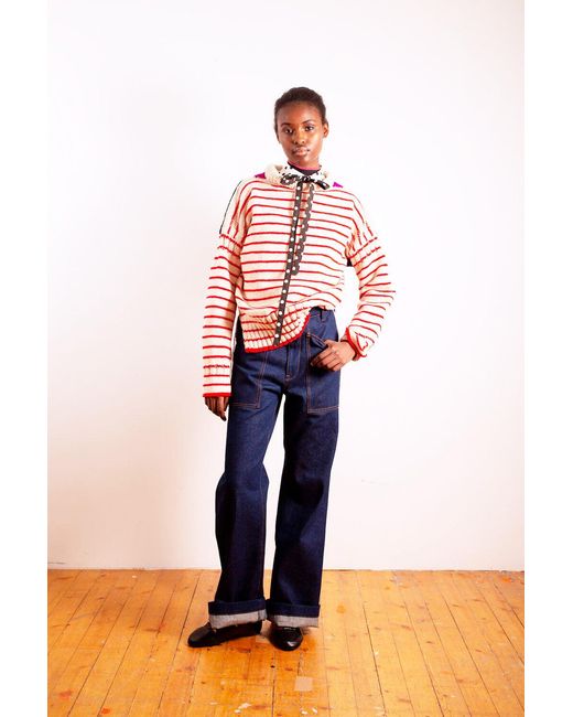 La Fetiche Red Paloma X Hand Knitted Oversized Striped Guernsey Sweater