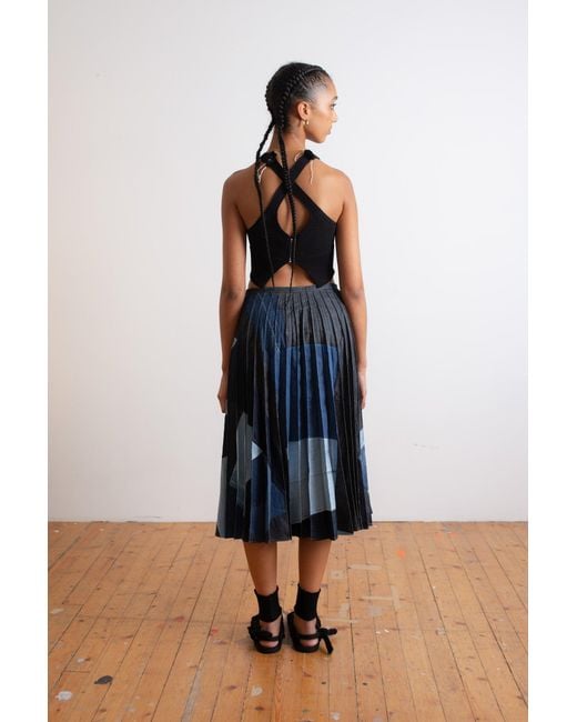La Fetiche Blue Cecile Denim Patchwork Sunray Pleated Kilt