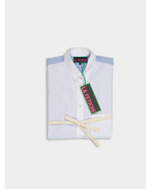 La Fetiche Blue June Oversized Cotton Poplin Shirt Patched With Shades Of Cotton And Waist Tie Detail
