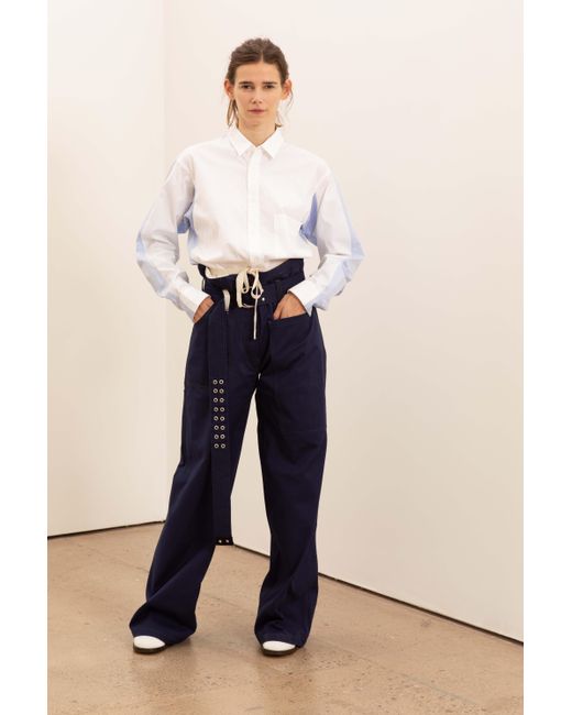 La Fetiche Blue June Oversized Cotton Poplin Shirt Patched With Shades Of Cotton And Waist Tie Detail