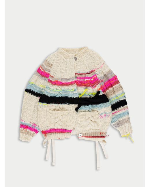 Women's Pink Ultraviolet Handknitted Striped Cable Cardigan