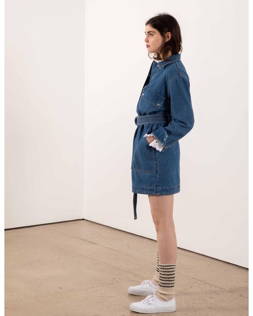 La Fetiche Blue Betty Washed Denim Mini Dress With Utility Belt And Ochre Topstitching
