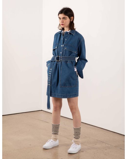 La Fetiche Blue Betty Washed Denim Mini Dress With Utility Belt And Ochre Topstitching