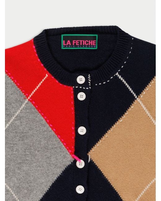 La Fetiche Blue Cynthia Crew Neck Argyle Cardigan