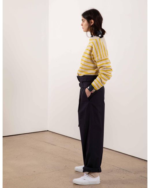La Fetiche Yellow Patti Hand-Knitted Striped Guernsey Sweater With Colour Blocked Details And Ribbed Back Panel
