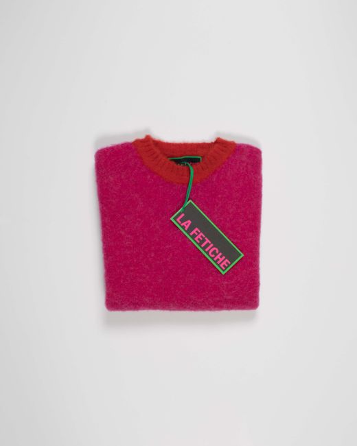 La Fetiche Pink Viva Traditional Brushed Crew Neck Seamfree Sweater With Bright Contrast Neck Trim