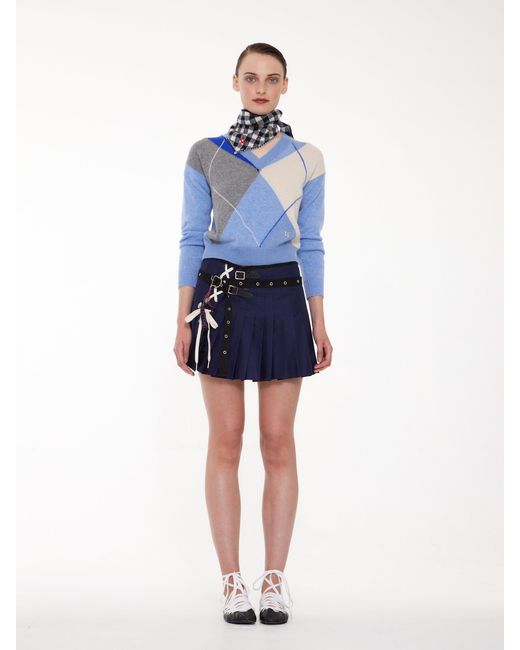 La Fetiche Blue Linda V-Neck Argyle Sweater