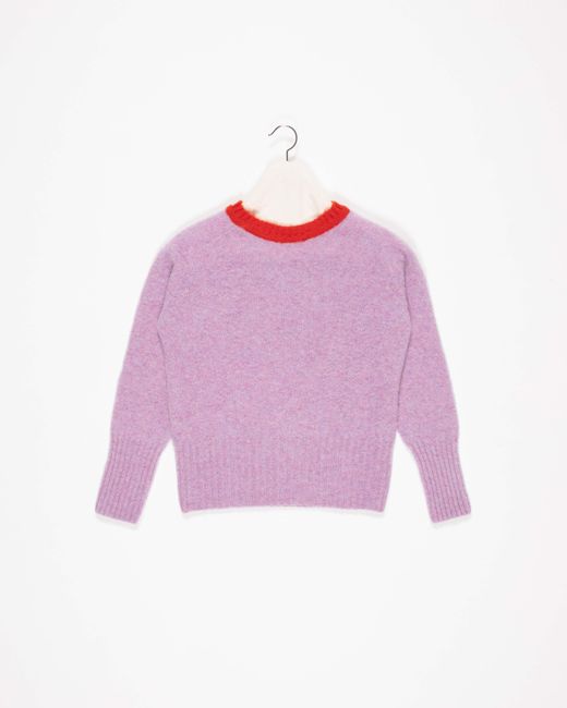 La Fetiche Pink Viva Traditional Brushed Crew Neck Seamfree Sweater With Bright Contrast Neck Trim