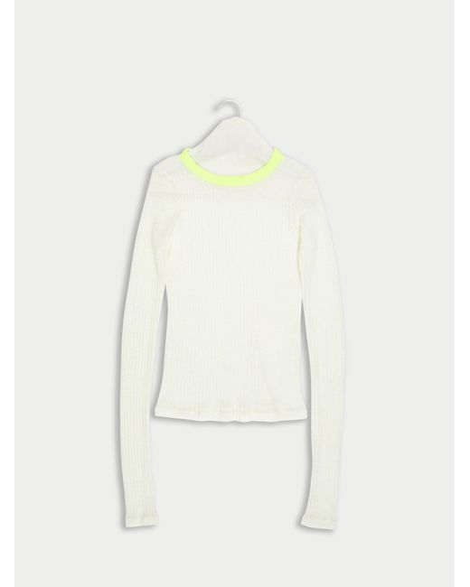 La Fetiche White Jackie Fine Weight Traditional Seam Free Ribbed Wool Top With Contrast Neon Neck Trim