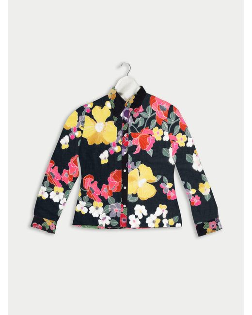 La Fetiche White Tasha Poppy Printed Cotton Voile Shirt With And Gingham Cuff Details