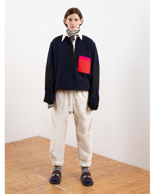 La Fetiche Blue Truman Oversized Rugby Shirt Made With Felted Lambswool And Cotton Canvas Collar And Cuffs