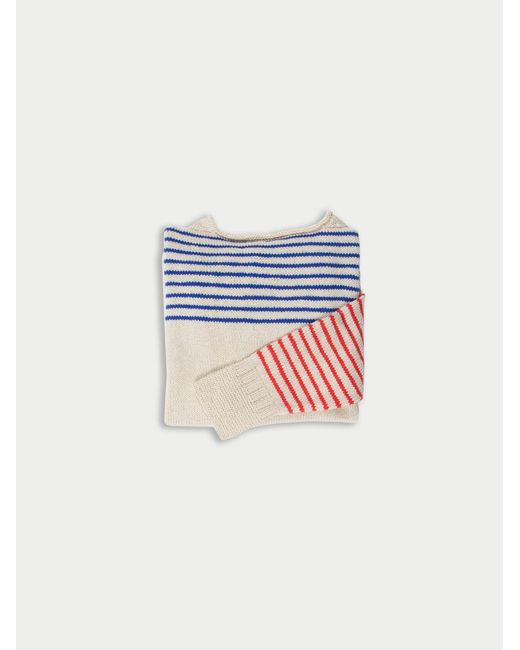 La Fetiche Blue Colette Hand-Knitted Cotton Cashmere "Breton" Style Sweater With Contrast Striped Sleeves And Yoke