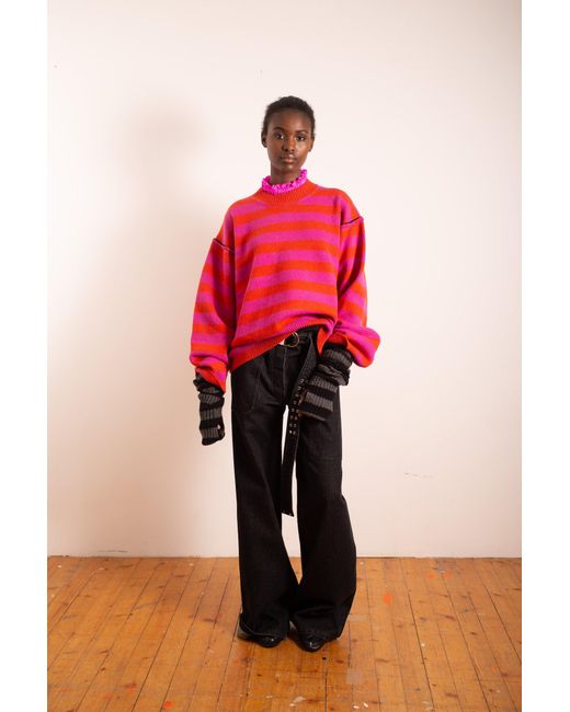La Fetiche Red Leslie Oversized Loose Fit Striped Sweater