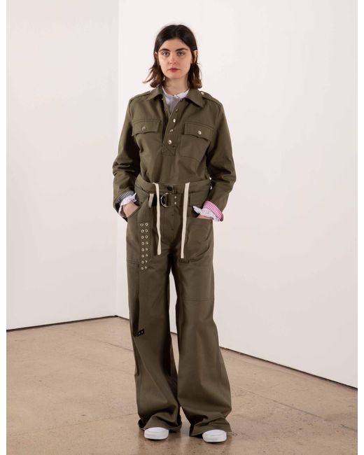 La Fetiche Green David Khaki Wide Leg Cotton Panama Workwear Trouser With Contrast Utility Belt