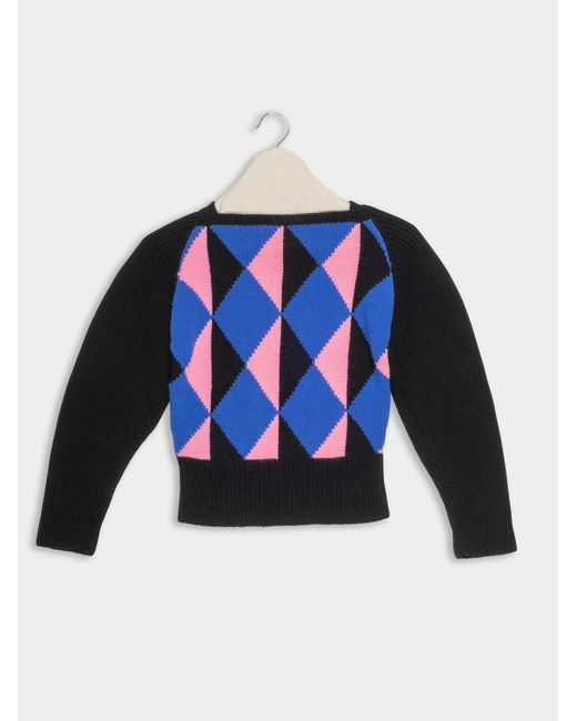 La Fetiche Blue Pablo Fitted Hand-Knit Harlequin Sweater Using Hand Intarsia Work