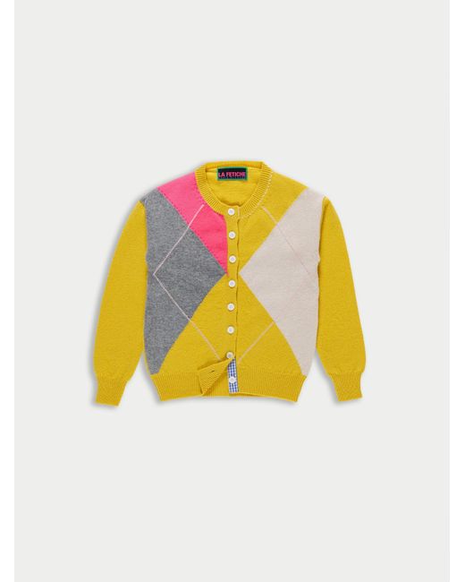 La Fetiche Yellow Cynthia Crew Neck Argyle Cardigan