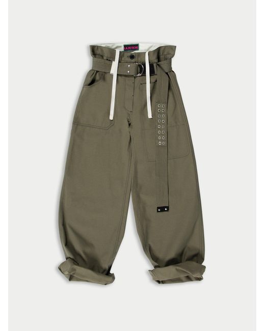 La Fetiche Green David Khaki Wide Leg Cotton Panama Workwear Trouser With Contrast Utility Belt