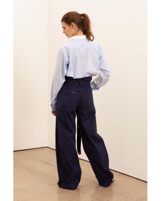 La Fetiche Blue June Oversized Cotton Poplin Shirt Patched With Shades Of Cotton And Waist Tie Detail