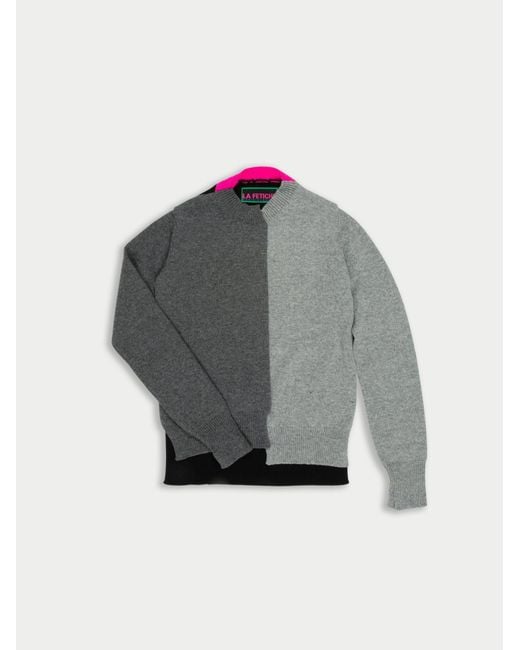 La Fetiche Gray Cathy Hand Framed Patched Sweater With Neon Collar Detail