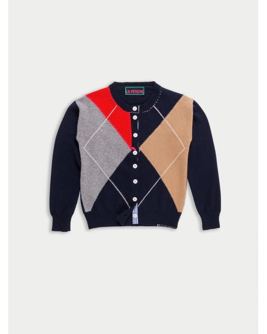 La Fetiche Blue Cynthia Crew Neck Argyle Cardigan
