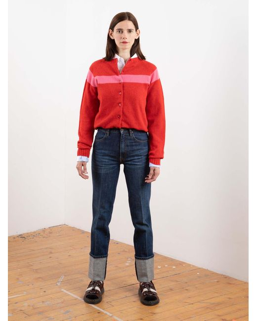 La Fetiche Red Nancy Lambswool Cardigan With Placed Stripe