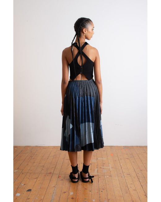 La Fetiche Blue Cecile Denim Patchwork Sunray Pleated Kilt