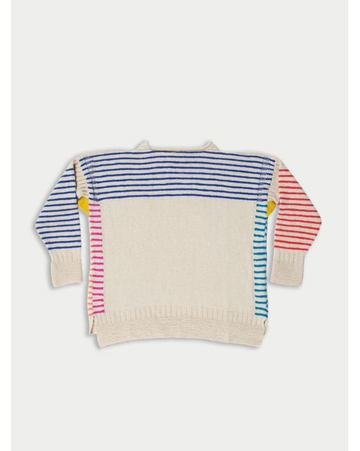 La Fetiche Blue Colette Hand-Knitted Cotton Cashmere "Breton" Style Sweater With Contrast Striped Sleeves And Yoke