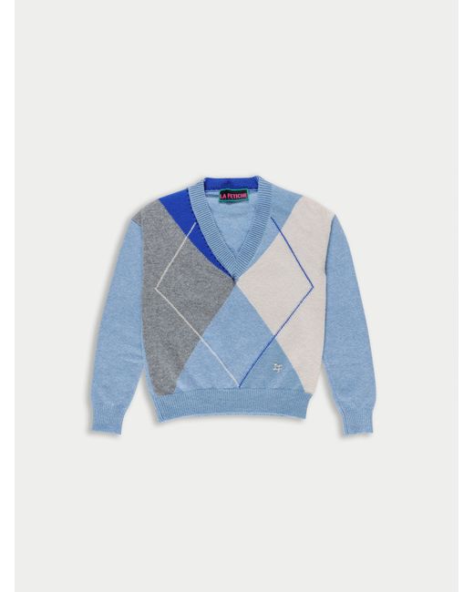 La Fetiche Blue Linda V-Neck Argyle Sweater