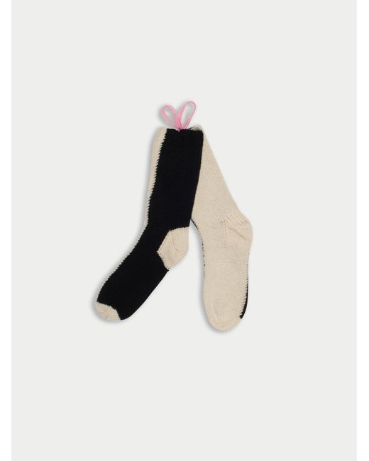 La Fetiche White Yin-Yang Hand Knitted Socks With Patched Mending Stitch Detail