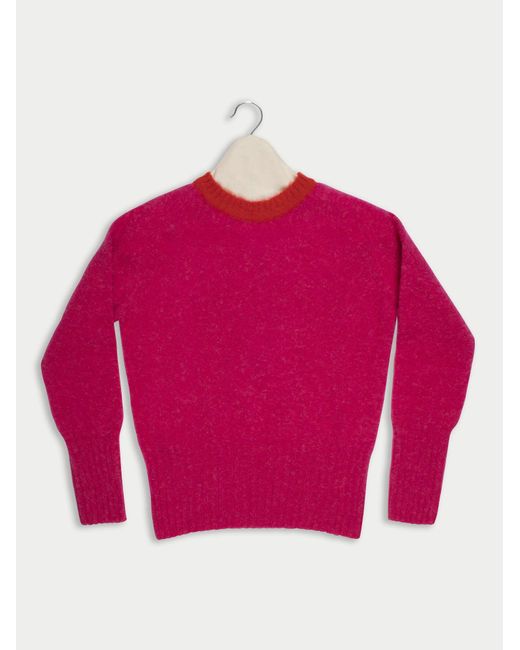 Women's Pink Viva Traditional Brushed Crew Neck Seamfree Jumper With Bright Contrast Neck Trim