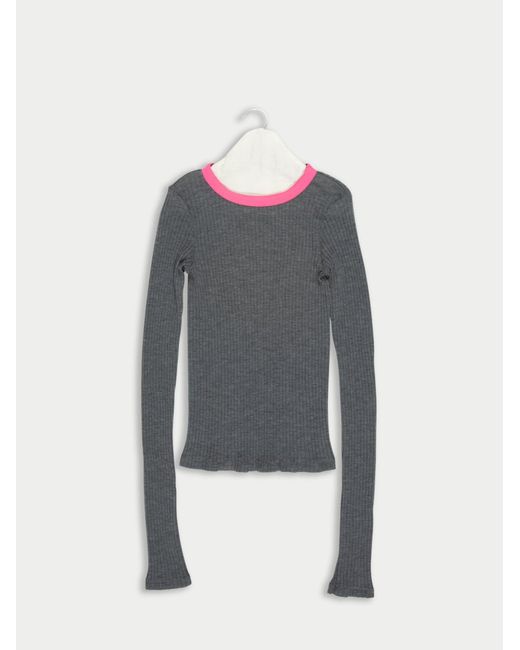 La Fetiche Gray Jackie Fine Weight Traditional Seam Free Ribbed Wool Top With Contrast Neon Neck Trim