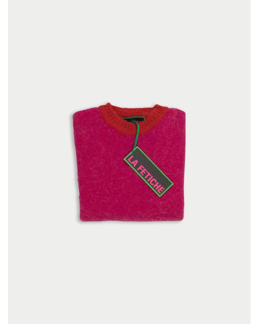 La Fetiche Pink Viva Traditional Brushed Crew Neck Seamfree Sweater With Bright Contrast Neck Trim
