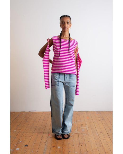 La Fetiche Pink Lightweight Striped Crew Neck Sweater