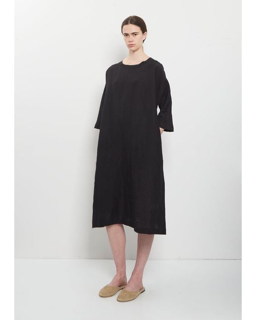 Apuntob Black Crinkled Linen 3/4 Sleeve Tunic Dress