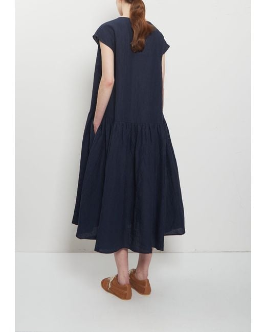 Apuntob Blue Linen Gathered Waist Dress